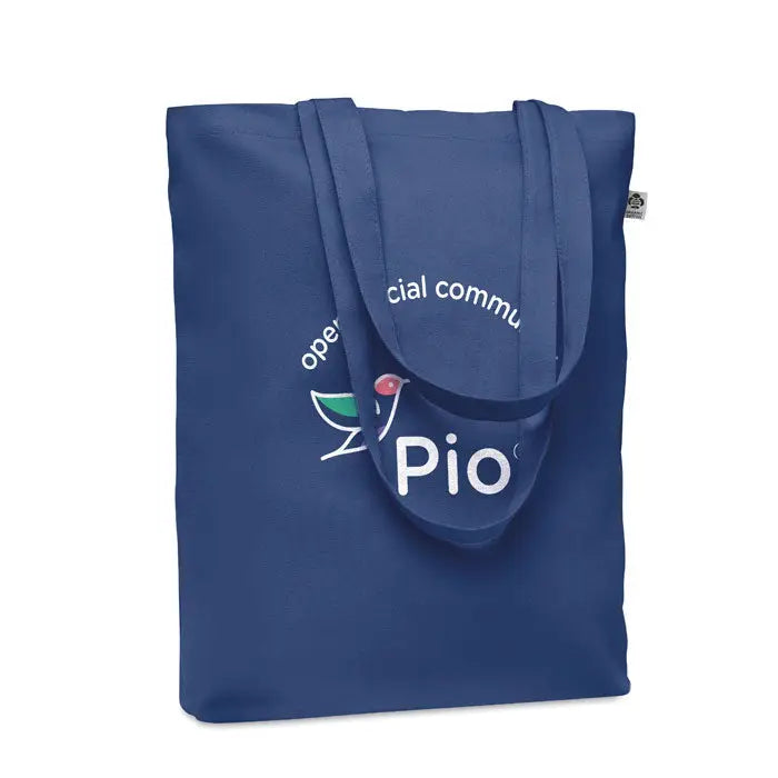 Geanta de cumparaturi din panza 270 gr m² navy albastru cu text alb brodat si logo pasare stilizata cu frunza