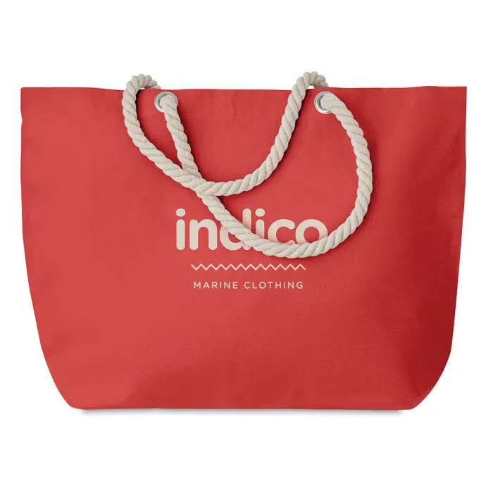 Geanta de plaja indigo rosie din material textil cu manere din snur crem potrivita pentru plaja