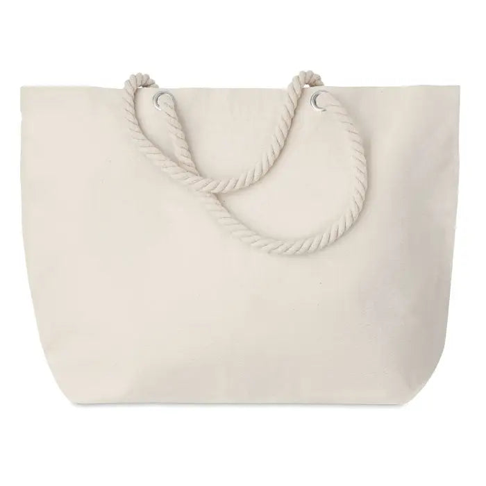 Cream-colored canvas beach tote bag with thick twisted rope handles geanta de plaja cu maner din snur