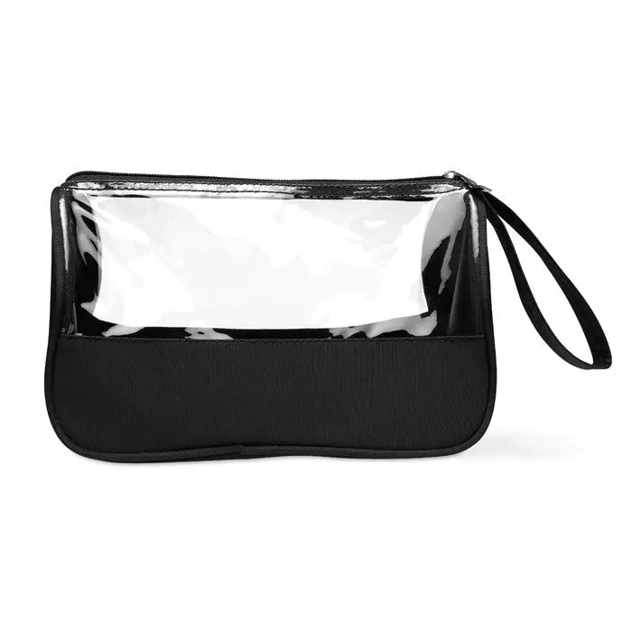Geanta de toaleta neagra din microfibra cu panou frontal din pvc transparent si fermoar negru