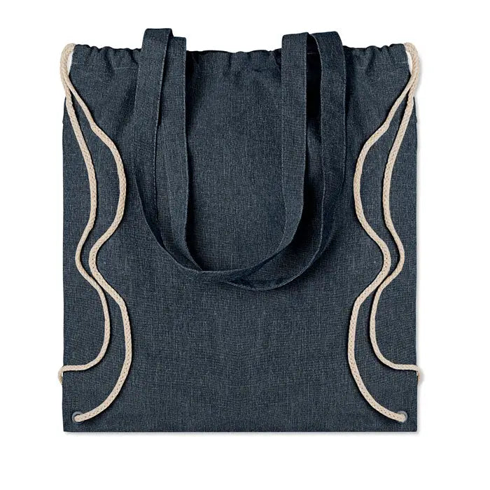 Geanta tote din material reciclat albastru inchis cu manere din sfoara bej si snur reglabil