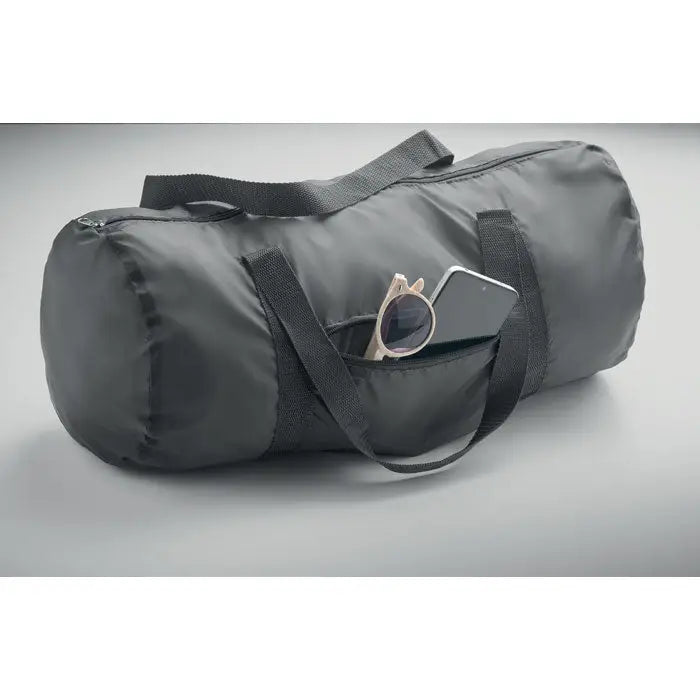 Geanta duffle 190t rpet 20l neagra din nylon cu bretele reglabile si buzunar frontal cu ochelari si smartphone