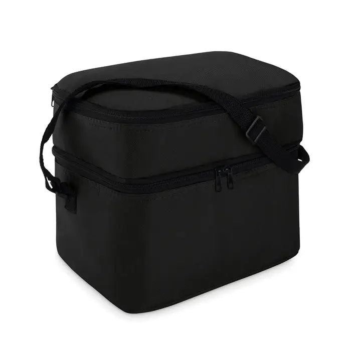 Geanta frigorifica neagra din material izolant cu 2 compartimente, maner superior si curea ajustabila