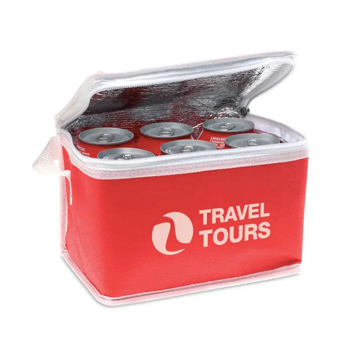 Geanta frigorifica rosie izolata cu bordura alba si logo travel tours proiectata pentru 6 conserve