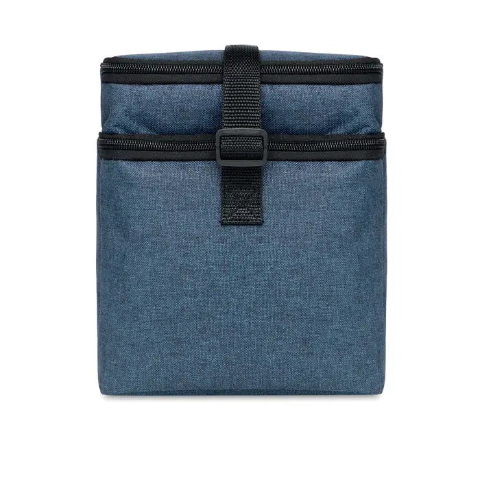 Geanta frigorifica rpet albastra cu textura de denim, izoterma, cu fermoar si bretea neagra