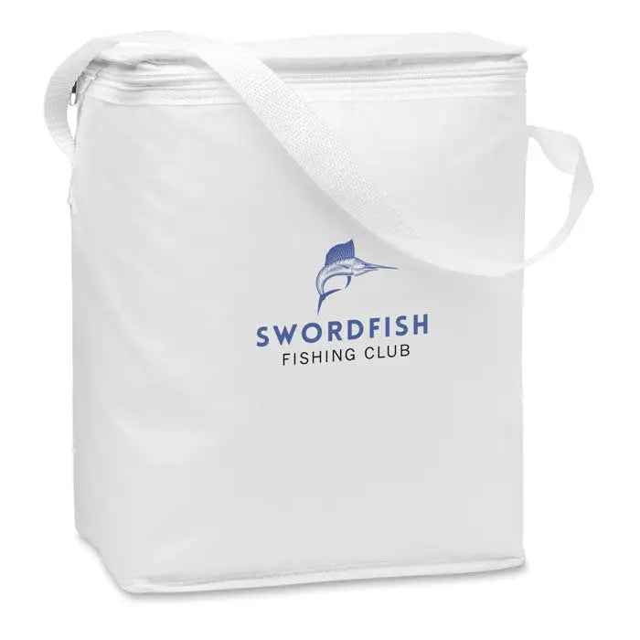Geanta frigorifica alba izolata pentru sticle de 1,5 l cu logo bleu de peste sabie si text swordfish fishing club
