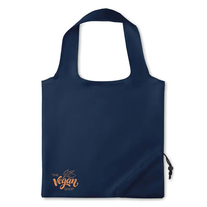 Geanta pliabila din poliester 210d navy blue cu logo portocaliu the vegan shop si inchidere cu snur negru