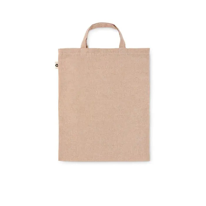 Geanta pliabila pentru cumparaturi 140 gr m² din panza bej cu manere scurte si eticheta mica neagra pe lateral
