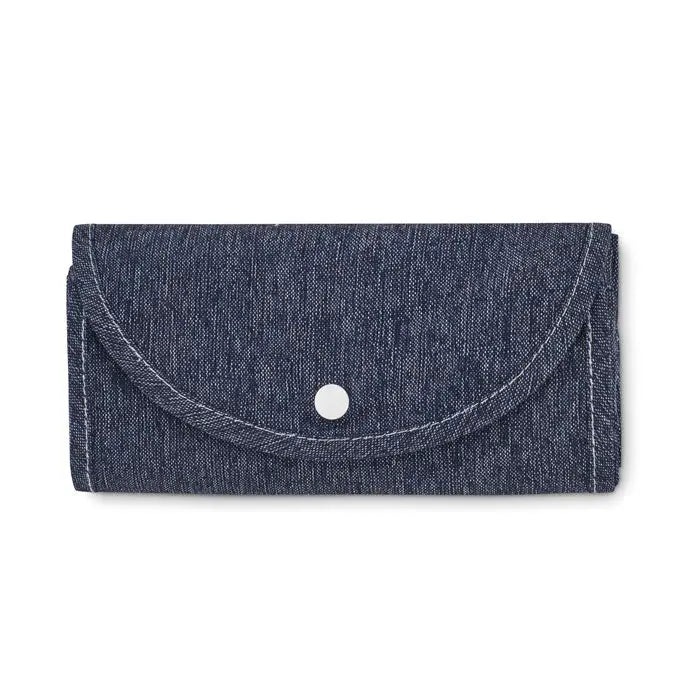 Geanta pliabila pentru cumparaturi 140 gr/m² cu textura denim si inchidere cu capsa alba