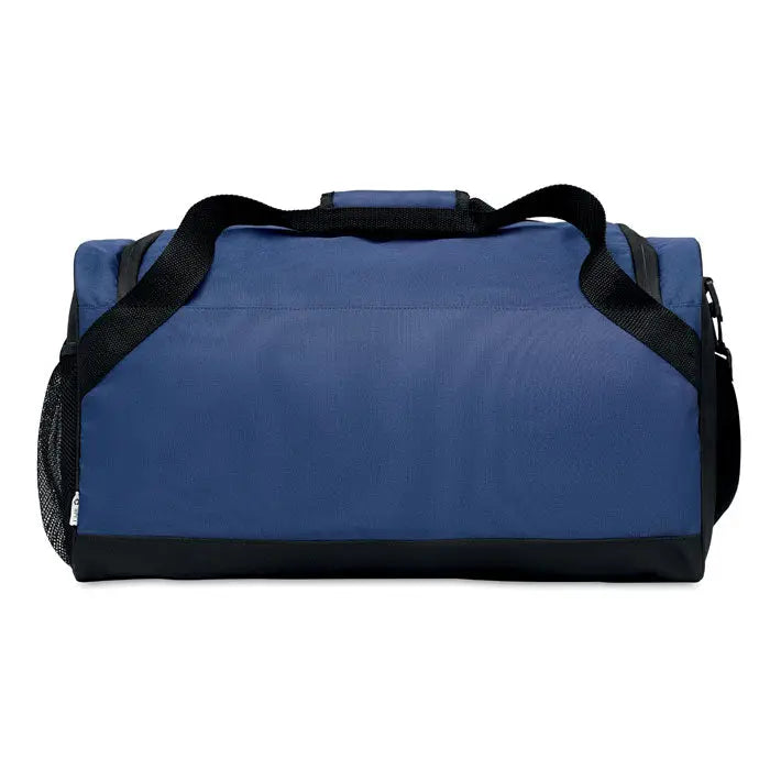 Geanta sport 600d rpet albastra si neagra cu buzunar lateral plasa si bretea umar reglabila