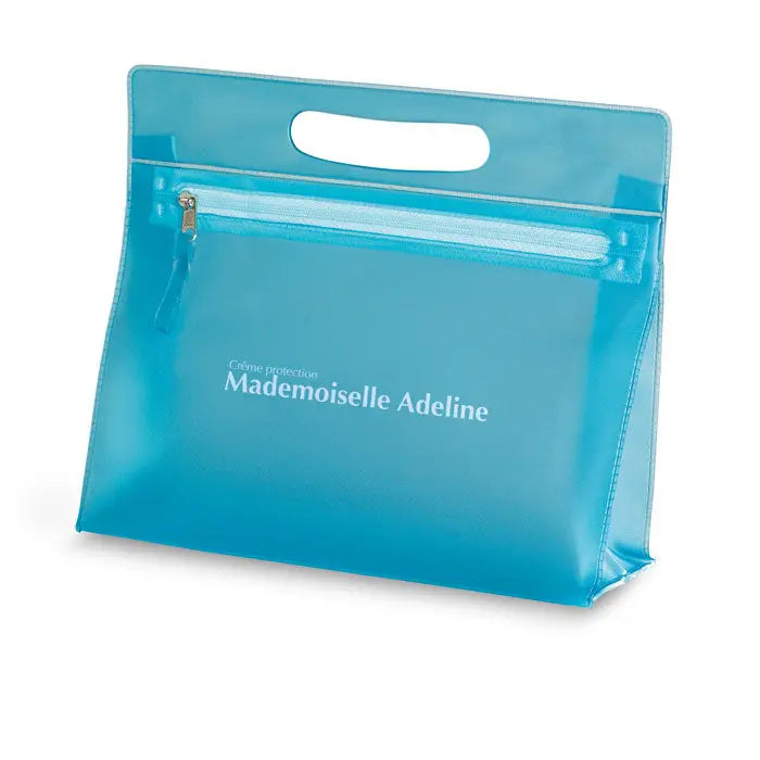 Husa cosmetica transparenta turcoaz din plastic cu maner alb si fermoar, marca mademoiselle adeline argintiu