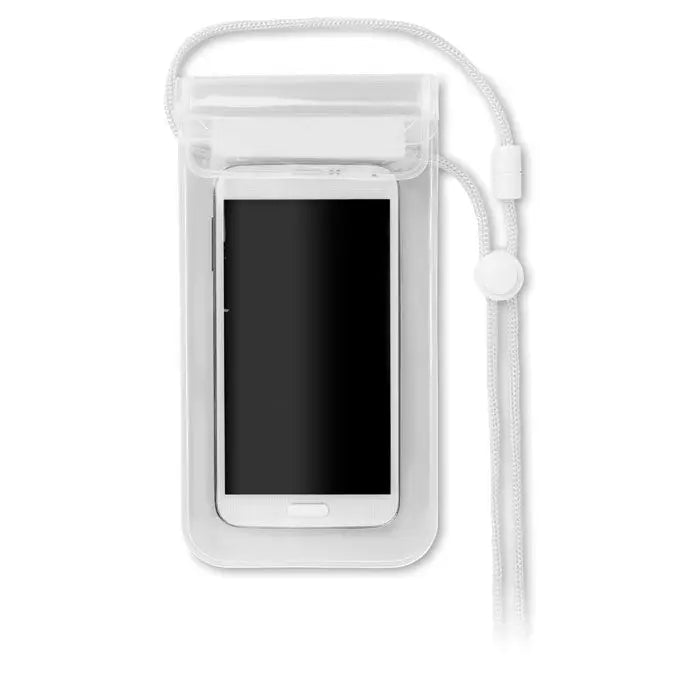 Husa impermeabila pentru smartphone transparenta cu lant alb si inchidere cu capsa