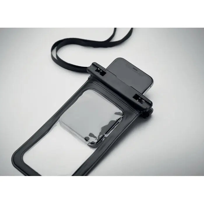 Husa impermeabila pentru smartphone neagra cu panou frontal transparent si curea reglabila pentru protectie completa