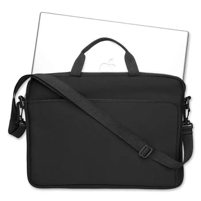 Husa pentru laptop din neopren neagra cu maner superior si curea ajustabila pentru macbook argintiu