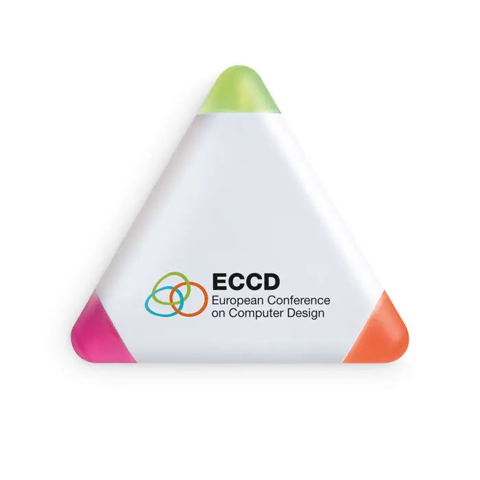 Iluminator triunghiular alb cu vârf verde lime și accente roz și portocaliu cu logo eccd