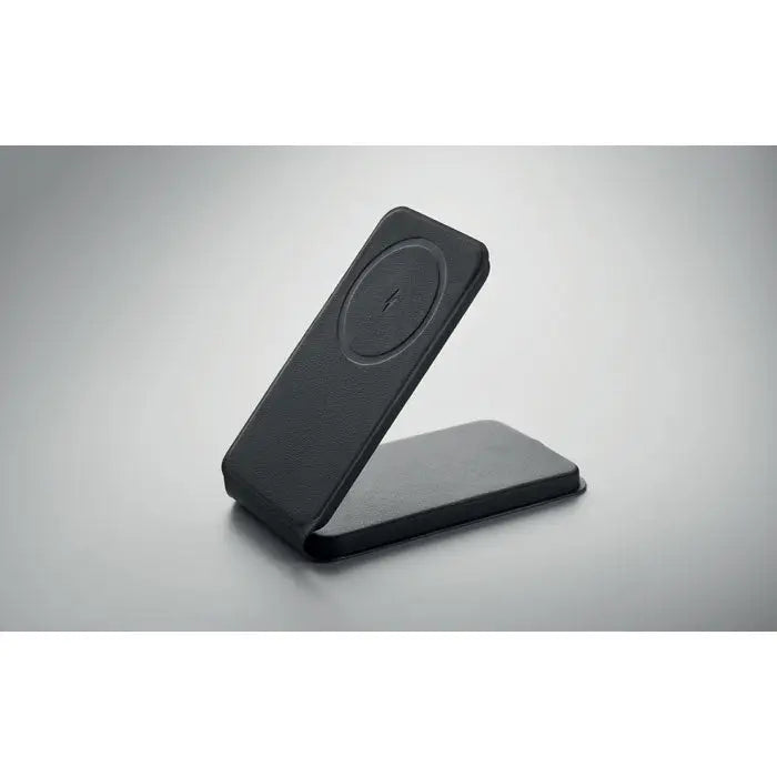 Incarcator magnetic pliabil 15w tip portofel din piele neagra cu pad circular de incarcare si suport pliabil