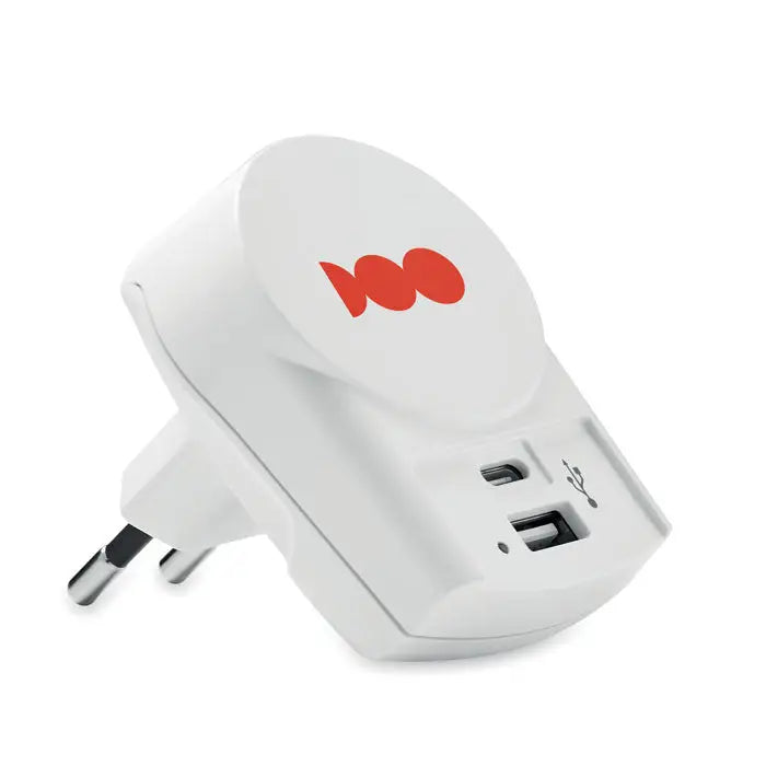 Incarcator Skross Euro USB alb cu logo rosu si doua porturi usb 27W pentru calatorii