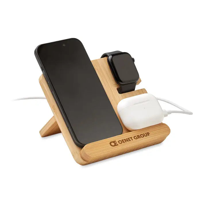 Incarcator wireless 3 in 1 de 15 w din bambus deschis, cu sloturi integrate pentru telefon, ceas și căști wireless