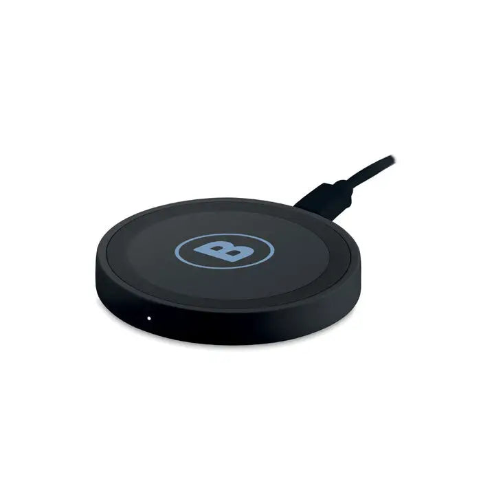 Incarcator wireless mic de 5w negru circular cu logo albastru subtil si cablu usb integrat pentru incarcare rapida