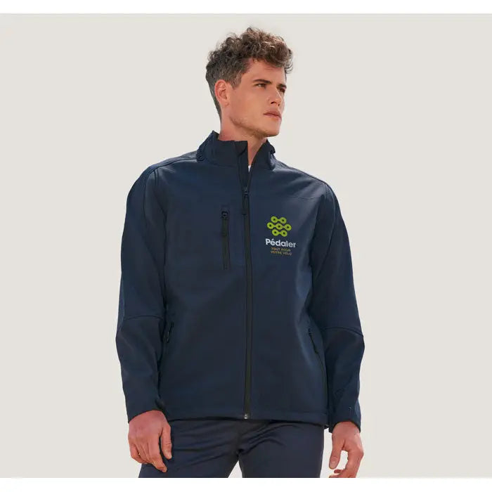 Navy blue softshell jaca relax barbati ss 340g cu logo verde si alb pe piept pentru barbati
