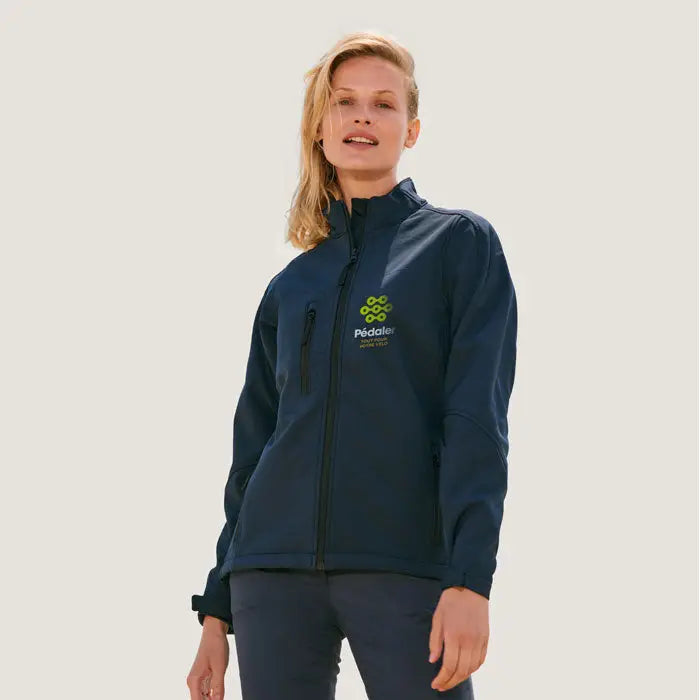 Jacheta roxy femei softshell albastru navy cu logo verde si alb pe piept, captuseala 340g