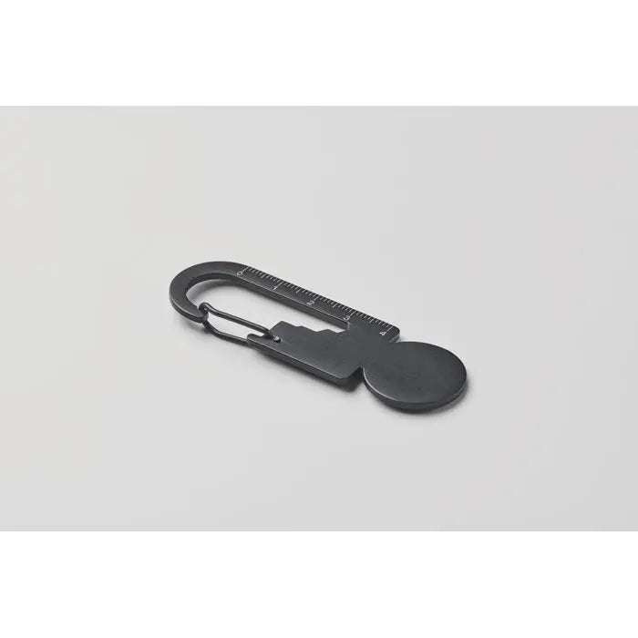 Breloc multifunctional negru din metal cu riglă integrată și disc circular pentru măsurători precise