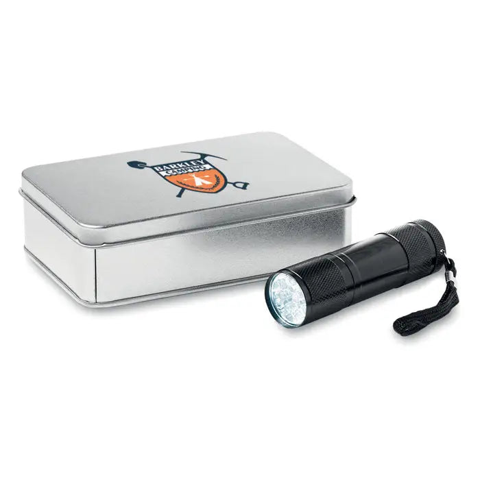 Lanterna cu LED neagra texturata din metal cu mai multe becuri led si curea pentru incheietura