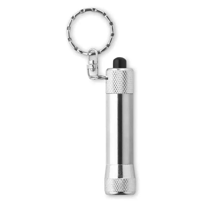 Lanterna din aluminiu cu breloc argintie cu grip texturat si capac negru pentru iluminare portabila