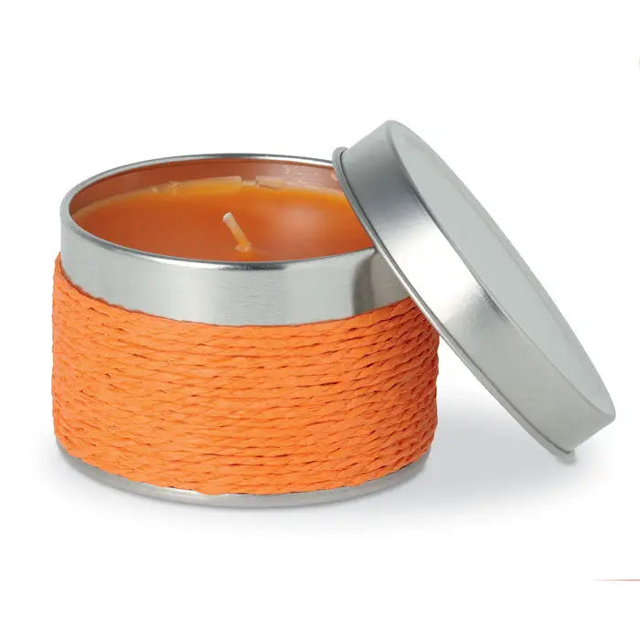 Lumanare cu parfum in cutie metalica portocalie cu capac argintiu si margine metalica eleganta