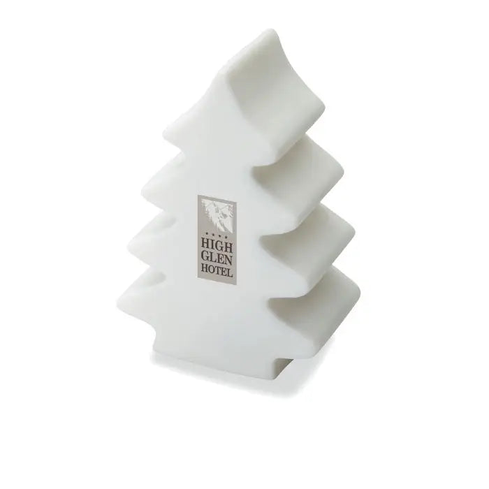 Decoratiune alba in forma de brad de craciun stratificat cu finisaj mat si logo embosat lumina care schimba culoarea copacului