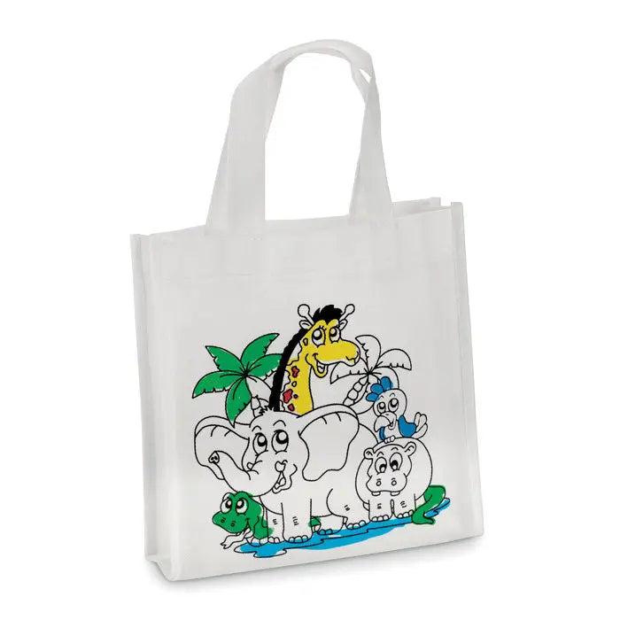 Mini geanta de cumparaturi albă din pânză cu scenă de junglă colorată și animale ca girafă, elefant, hipopotam și broască