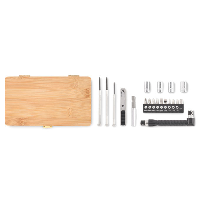 Set de scule de 21 buc in cutie de bambus