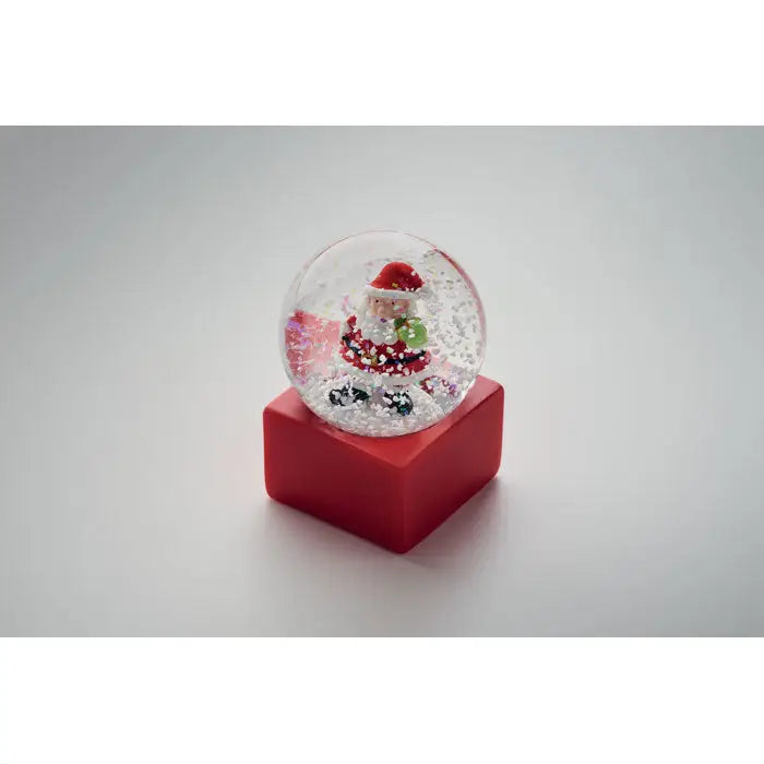 Ornament mic din sticla cu bile de zapada cu baza rosie si mos craciun miniatural in glob de sticla transparenta