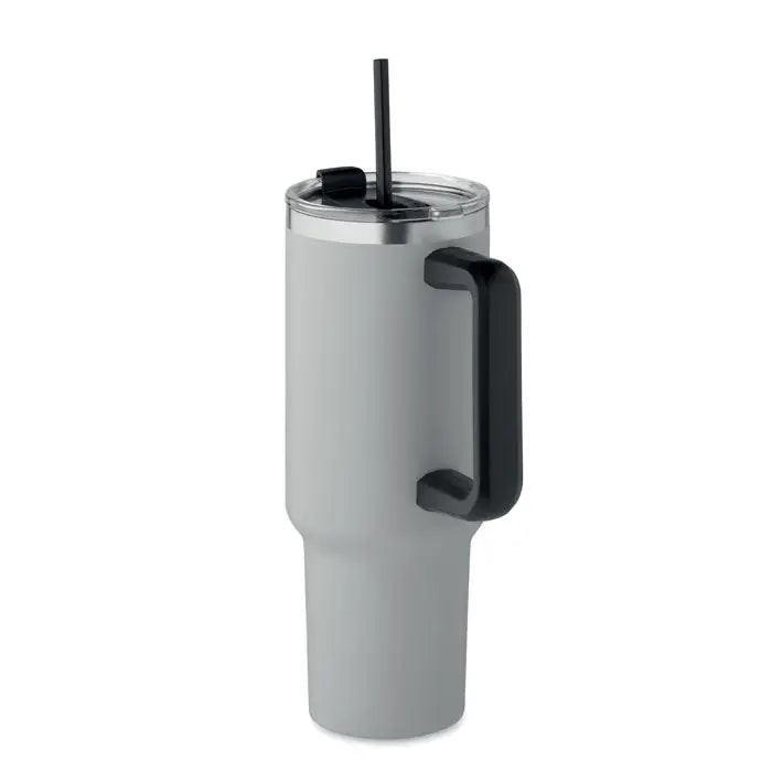 Pahar cu perete dublu 1200ml gri cu mâner negru izolat termic și pai transparent detașabil