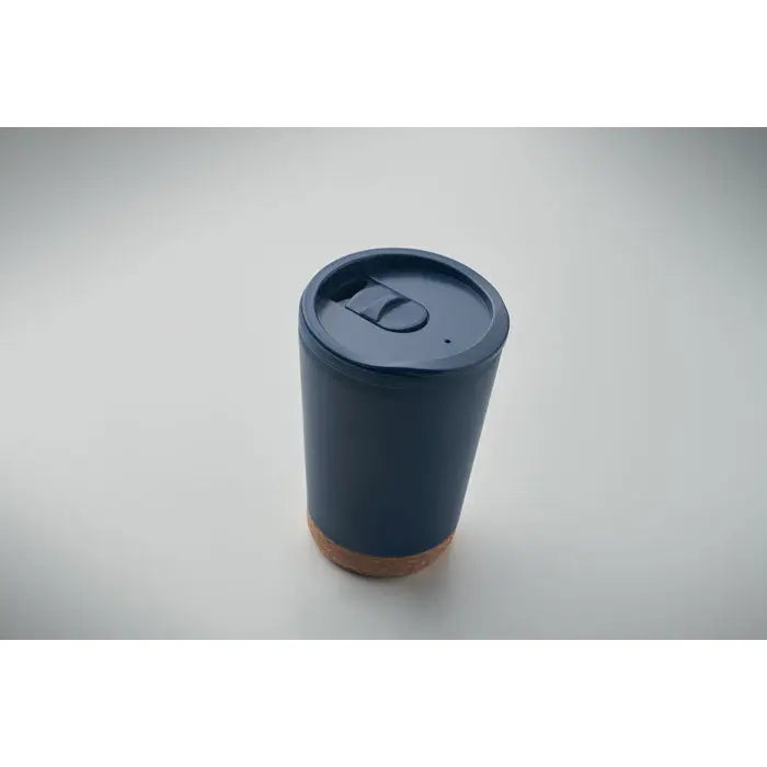 Pahar cu perete dublu 300 ml albastru navy cu baza de plută izolant și capac flip-top pentru călătorii