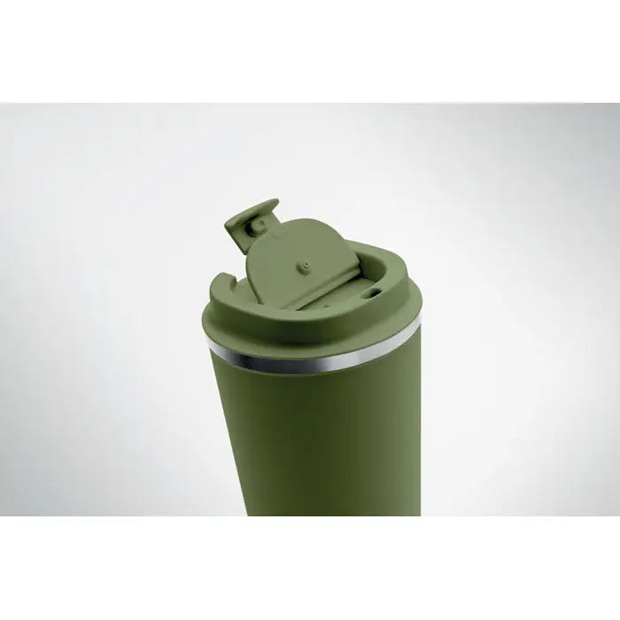 Pahar cu perete dublu 350 ml verde măsliniu izolat cu margine argintie și capac flip-top din oțel inoxidabil