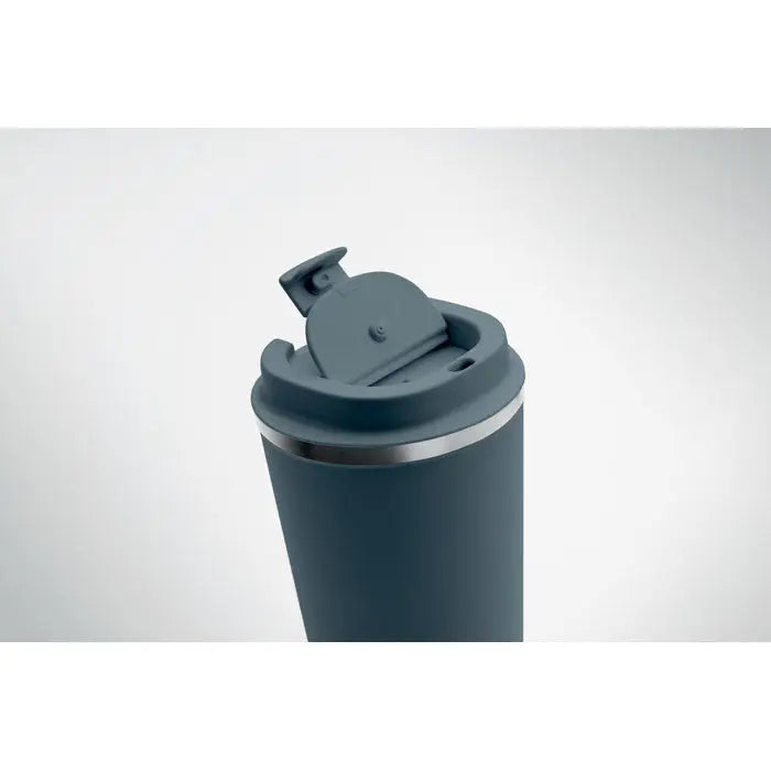 Pahar cu perete dublu 350 ml din inox gri inchis cu margine argintie si capac flip-top izolat termic