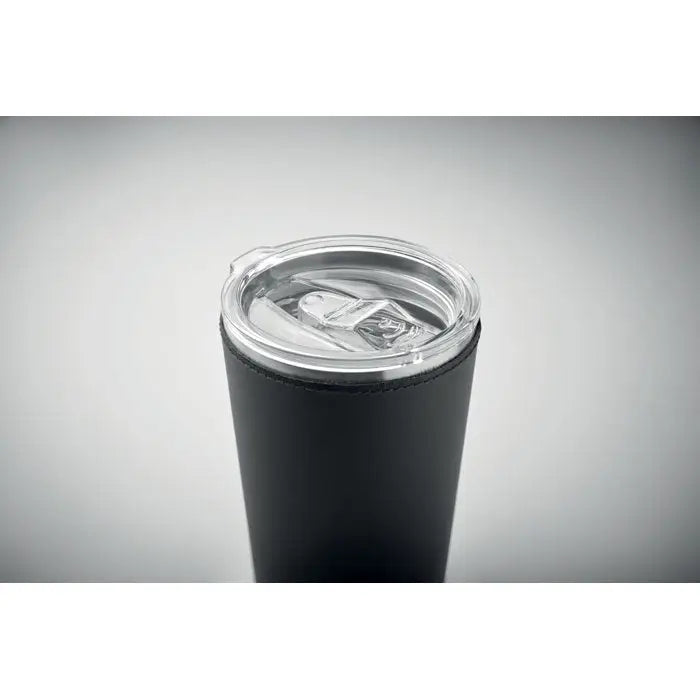 Pahar cu perete dublu negru de 350 ml cu capac transparent si mecanism argintiu pentru baut cald sau rece