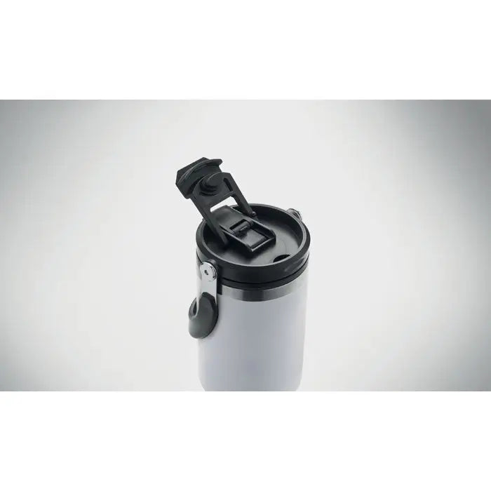 Pahar cu perete dublu 850 ml argintiu izolat din metal cu capac si maner negru din plastic pentru calatorii