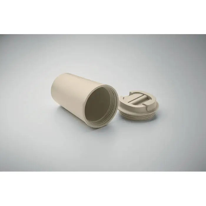 Pahar cu perete dublu din plastic bej PLA 350ml cu capac filetat si maner integrat pentru bauturi