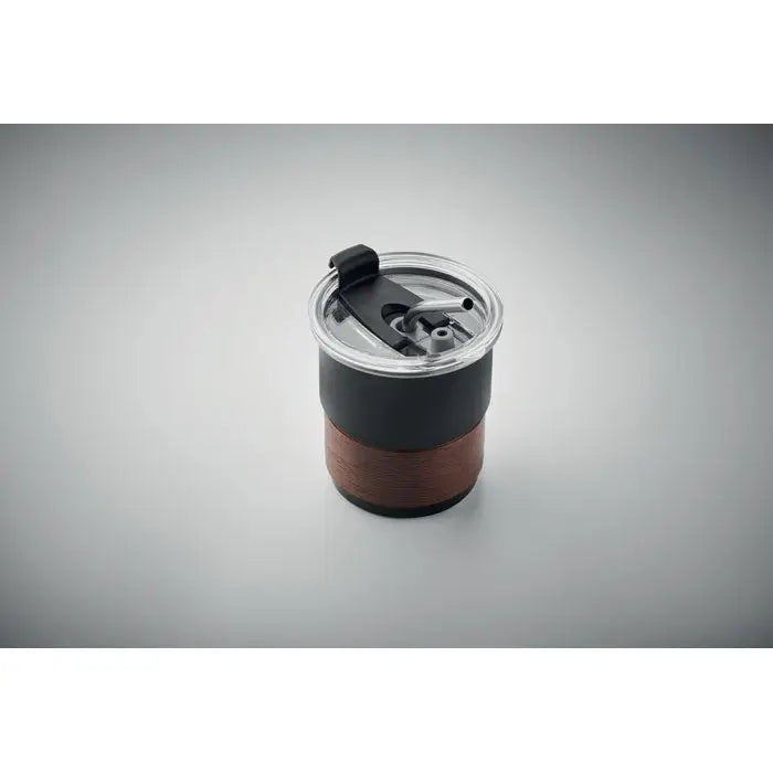 Pahar cu un singur perete 260 ml cu finisaj metalic, termoizolant negru si maro, capac transparent si pai negru