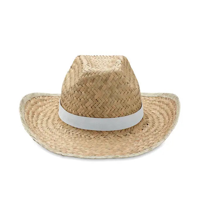 Palarie de cowboy din paie naturala bej cu banda alba din panglica alba, ideala pentru protectie solara