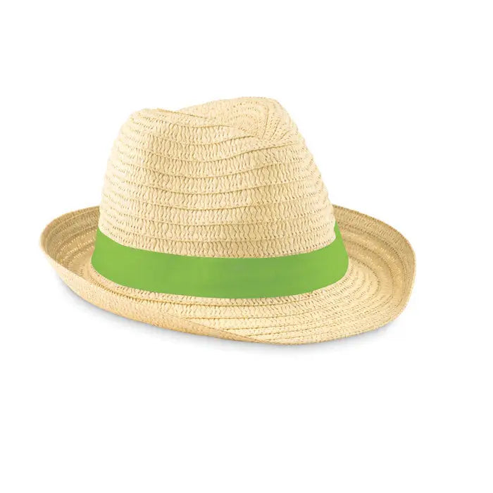 Palarie de paie de hartie bej cu bentita verde vibranta din paie, accesoriu elegant pentru vara