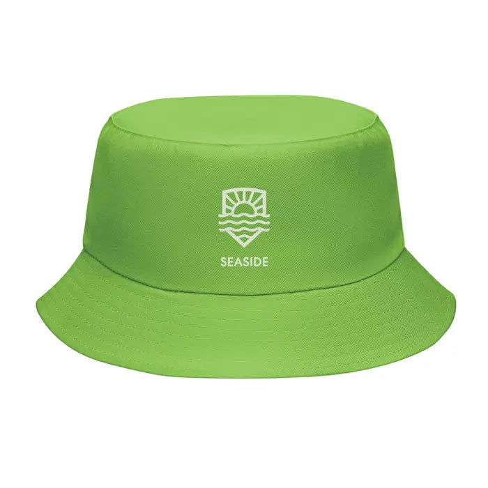 Palărie poliester 150 gr/m² verde lime cu logo alb brodat soare peste valuri și text seaside