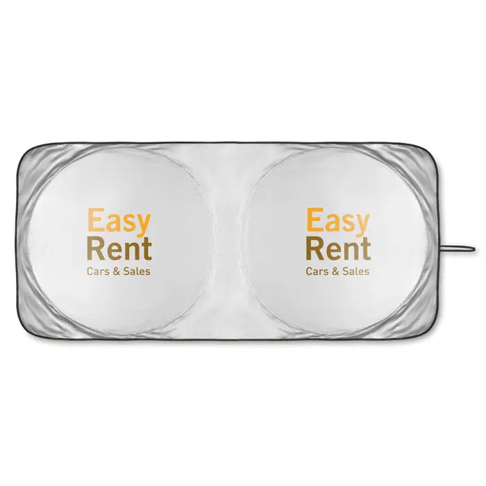 Parasolar pliabil pentru masina alb cu panouri reflectorizante circulare si logo easy rent cars & sales in portocaliu si auriu
