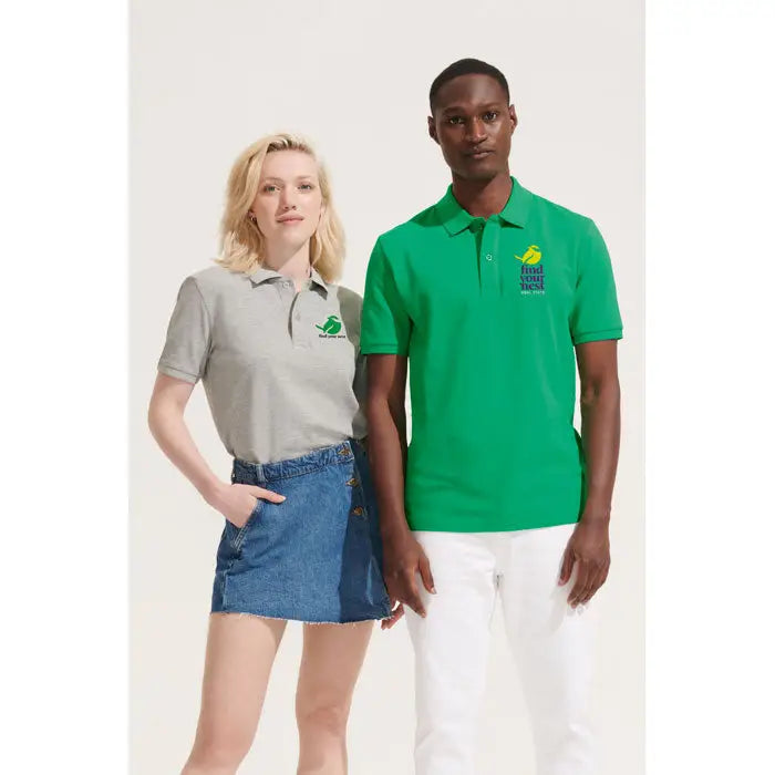 Polo verde și gri cu logo brodat pe piept din bumbac organic 210g pegase polo organic 210g