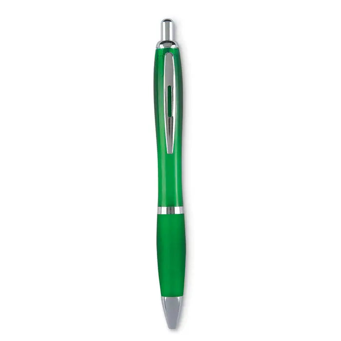 Pix cu buton pix cu design modern verde cu accente argintii si varf cu bila pentru scris fin