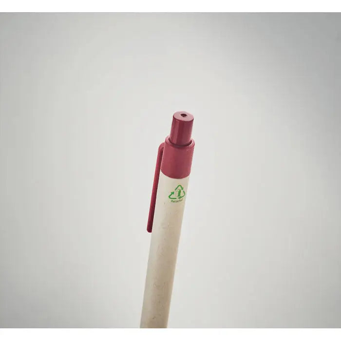 Pix din hartie din carton de lapte cu corp alb si rosu si simbol verde de reciclare pe grip texturat