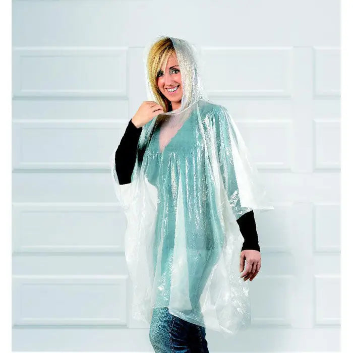 Poncho transparent teal din plastic cu gluga potrivit pentru ploaie in recipient rotund
