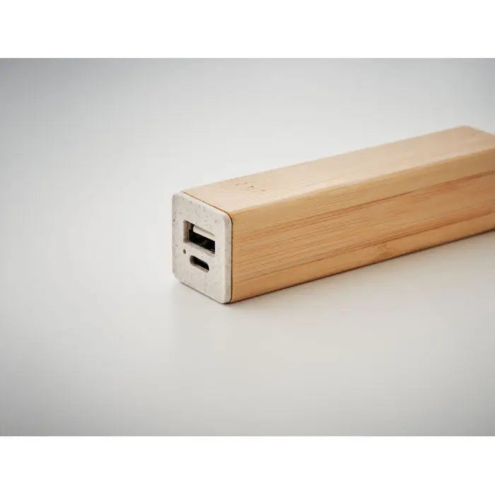Power bank 2600 mah dreptunghiular din bambus si beton cu finisaj lemn natural si doua porturi usb gri texturat